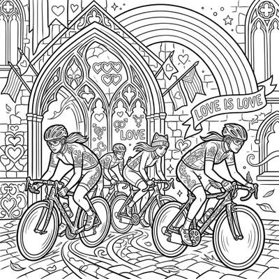 Pedal into a world where Gothic elegance meets Pride celebration with this unique coloring page. Four cyclists ride through ornate arches adorned with symbols of love and diversity, making for a truly inspiring scene.