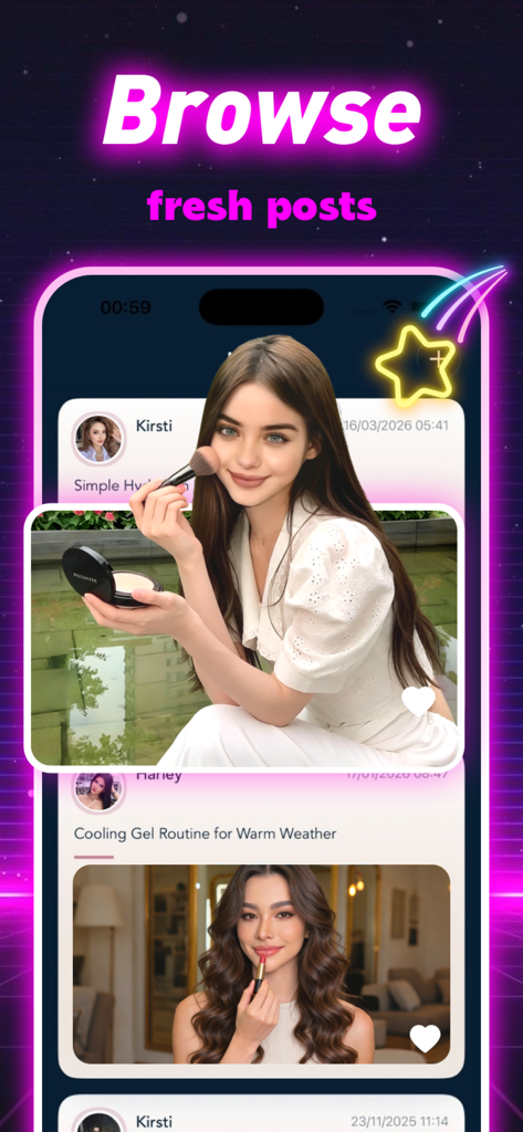 Valen app interface showing a social feed of skincare and makeup tutorial videos