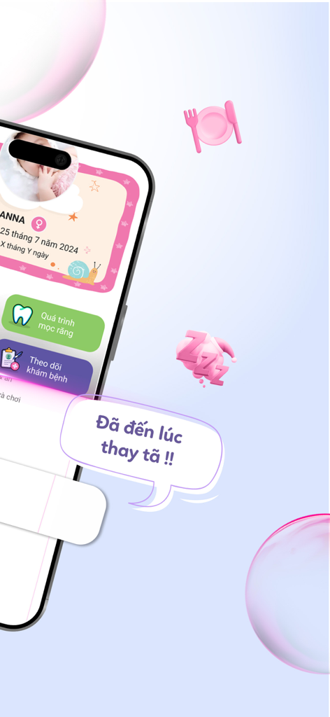 Momigo - Trợ Lý AI Của Mẹ & Bé - Interfaz de la aplicación Momigo que muestra un recordatorio de cambio de pañal y módulos de seguimiento de la salud del bebé.