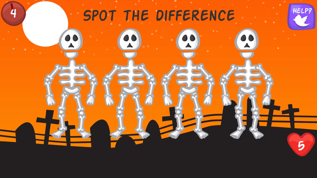 The Impossible Test HALLOWEEN - Haunted Holiday Trivia Game - Four cartoon skeletons in a graveyard for a spot the difference challenge in The Impossible Test Halloween
