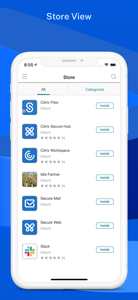 Citrix Secure Hub - Citrix Secure Hub interface showing a catalog of enterprise apps like Secure Mail and Citrix Workspace available for install