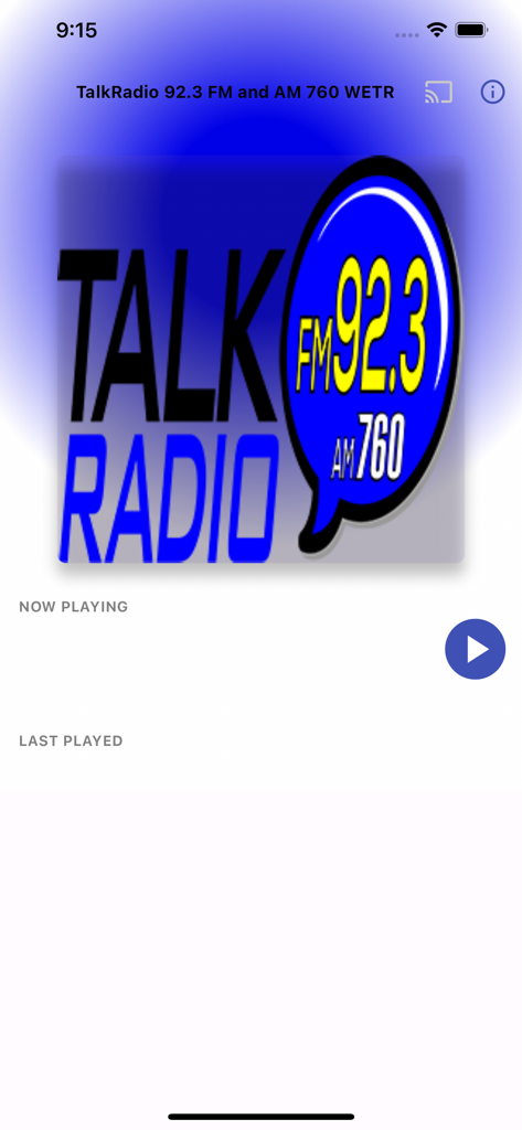 Talk Radio 92.3 - Home screen of the Talk Radio 92.3 mobile app with station logo and play button