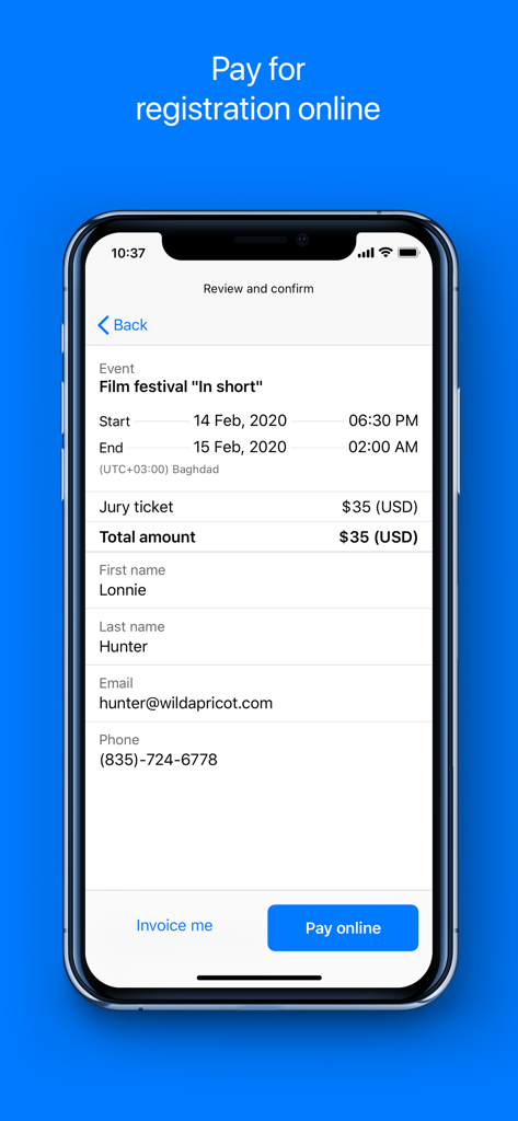 Wild Apricot app screen for event registration and online payment confirmation
