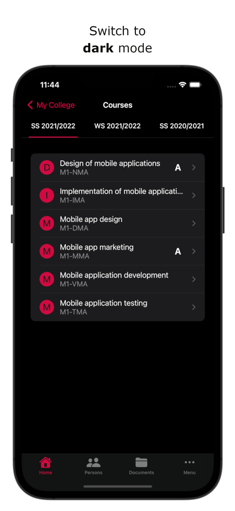My College 2 - Course list view in dark mode for the My College 2 mobile app showing student grades and academic subjects