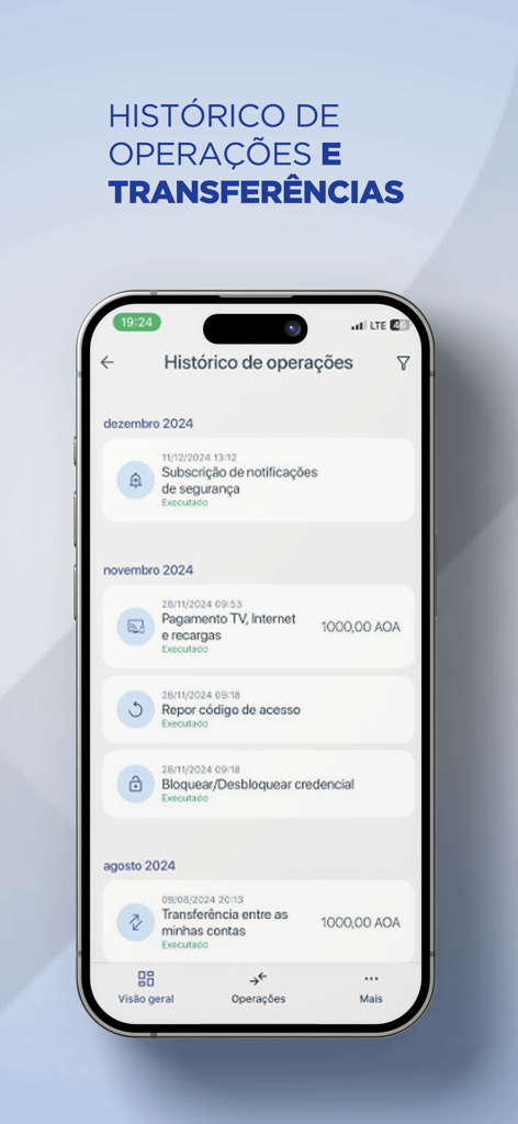 BPC - BPC banking app screen displaying a list of recent financial transactions and transfers.