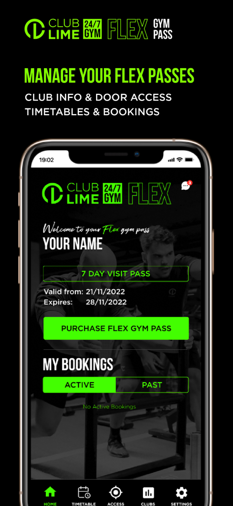 Club Lime Flex Gym Pass - Club Lime Flex app interface showing a 7 day visit pass and gym booking management options.