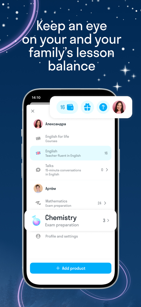 Oberfläche der Skyeng-App mit Unterrichtsguthaben für verschiedene Familienmitglieder in Fächern wie Englisch, Mathematik und Chemie.