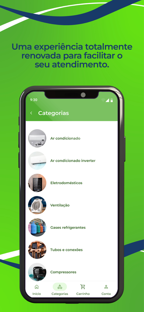 Frigelar - Frigelar app interface showing product categories like air conditioning and refrigeration parts