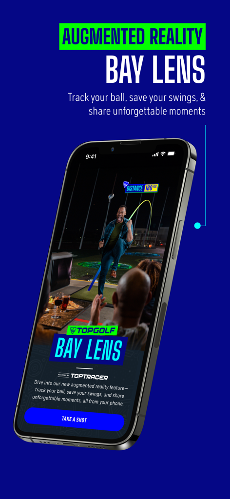 Topgolf-App, die die Augmented-Reality-Bucht-Lens-Funktion mit Ballverfolgung und Schw Recording anzeigt.