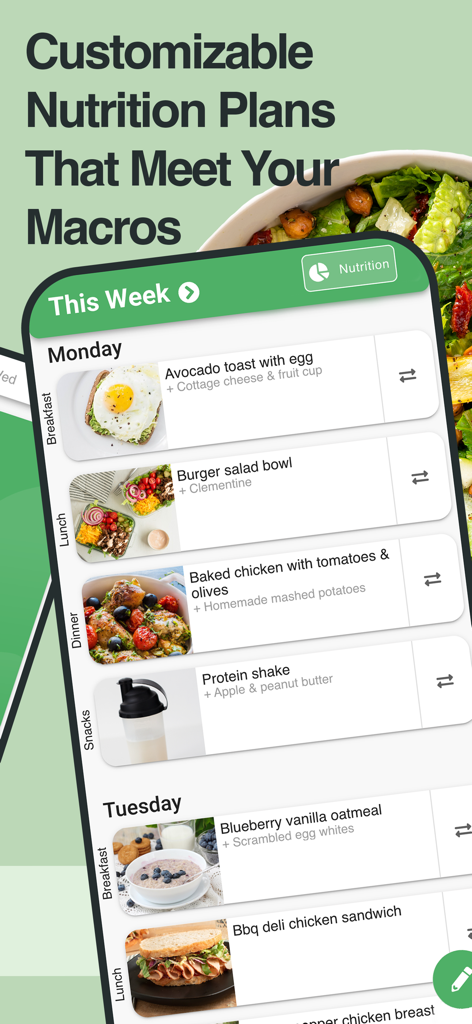 StrongrFastr Diet+Fitness AI - Strongr Fastr app interface displaying a customizable weekly nutrition plan with breakfast lunch and dinner options