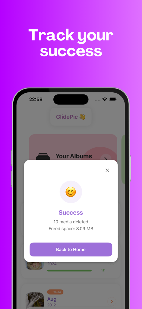 Success screen in GlidePic app showing freed storage space after deleting photos