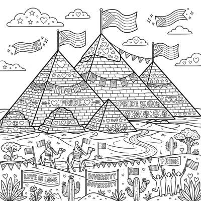 Explore an awe-inspiring coloring page featuring ancient Red Pyramids transformed into beacons of Pride and solidarity. This unique design beautifully blends historical marvels with vibrant symbols of love and diversity for a truly meaningful coloring experience.