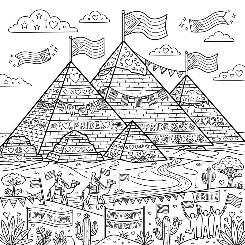Explore an awe-inspiring coloring page featuring ancient Red Pyramids transformed into beacons of Pride and solidarity. This unique design beautifully blends historical marvels with vibrant symbols of love and diversity for a truly meaningful coloring experience.