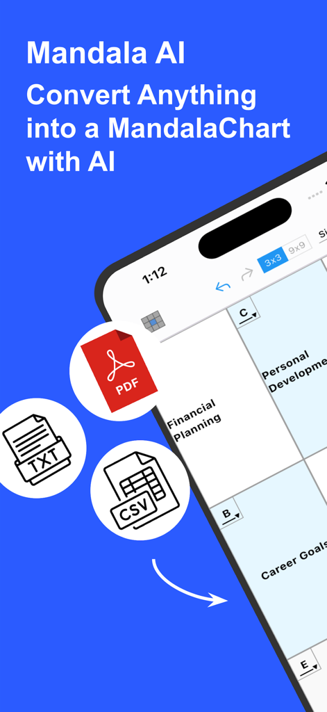 Mandala AI - Mandala AI App-Bildschirm, der die Konvertierung von PDF-, TXT- und CSV-Dateien in ein 9-Box-MandalaChart zeigt