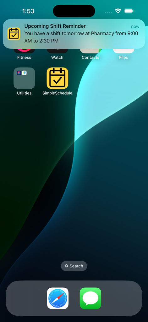 Simple Shifts - iPhone home screen with a shift reminder notification from Simple Shifts