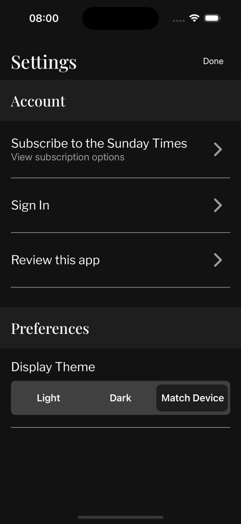 TimesLIVE - TimesLIVE app settings menu showing account options and display theme preferences