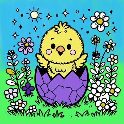a little chick hatching from an easter egg in the middle of a flower field.