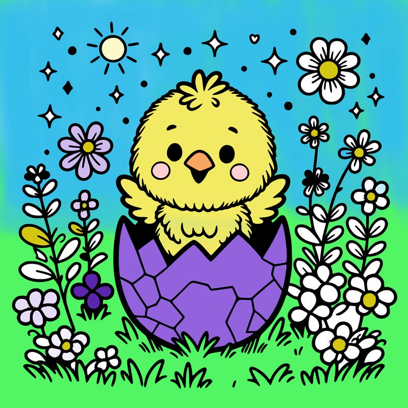 a little chick hatching from an easter egg in the middle of a flower field.