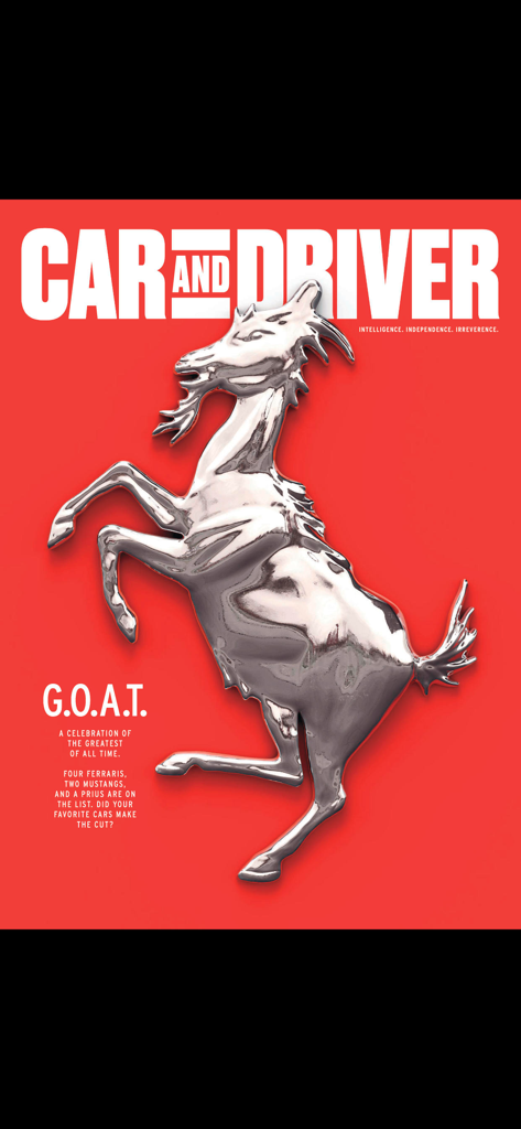Car and Driver Magazine US - Car and Driver magazine cover featuring a rearing silver goat emblem on a red background