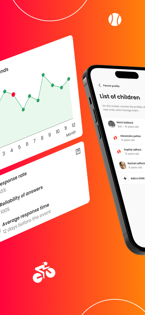TeamPulse - Team management - TeamPulse app interface showing a list of children in a parent profile alongside attendance and response rate statistics