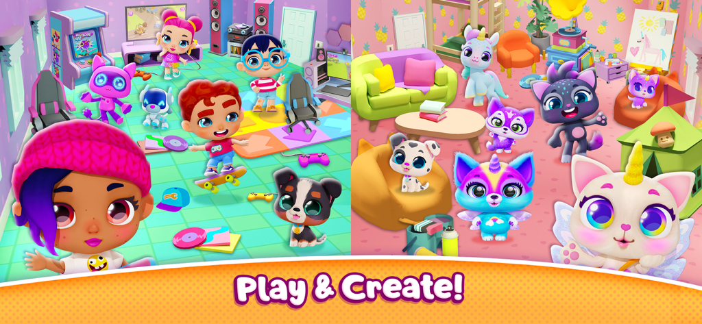 Pocket Town - Animal World - Cartoon characters and cute pets in a colorful room from the Pocket Town mobile game.