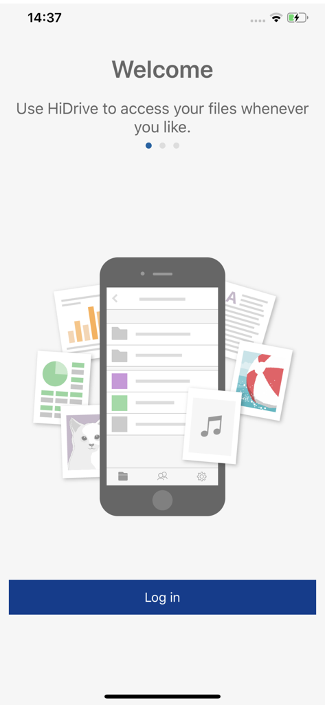 IONOS HiDrive welcome screen showing a smartphone illustration surrounded by various digital files like documents, charts, and photos