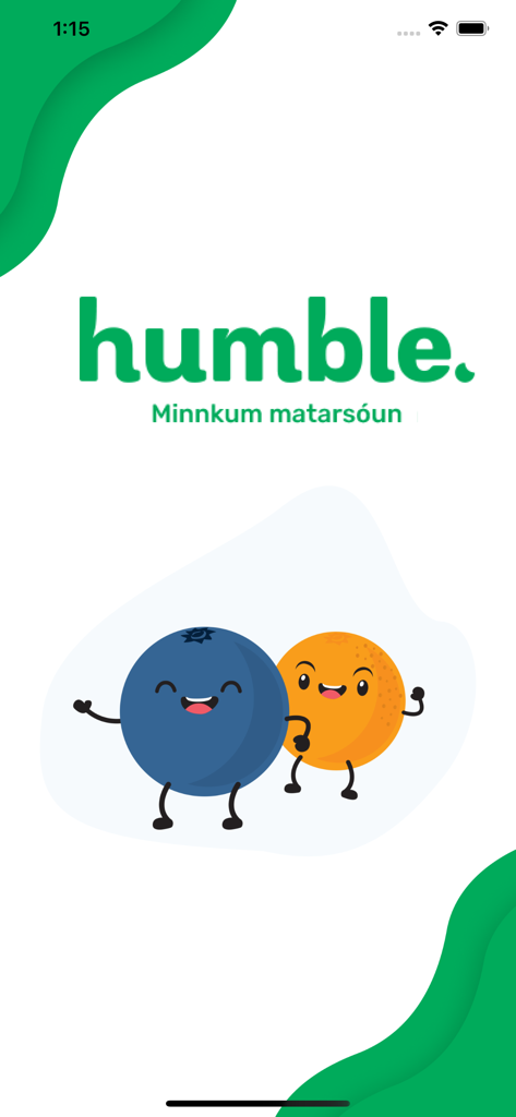 Humble - Pantalla de inicio de la aplicación Humble con el logo e ilustraciones de frutas caricaturescas