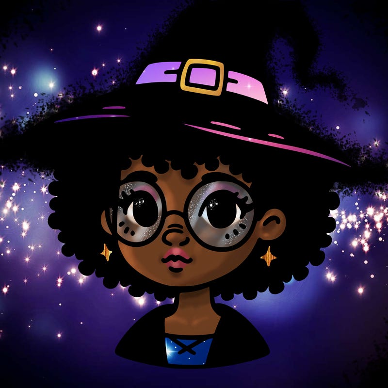 a black person who is a witch and has glasses