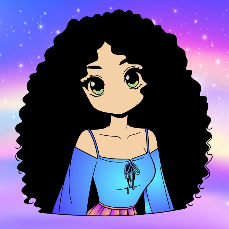 a black anime girl with long afro hair