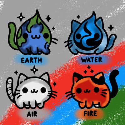 4 cats that represent the different elements, earth, water, air, and fire
