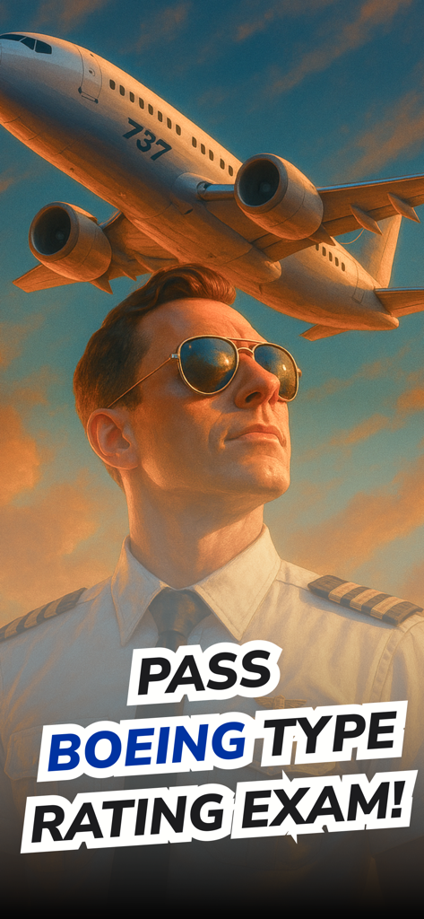 Un piloto profesional con gafas de aviador delante de un avión Boeing 737 con el texto 'Supera el Examen de Habilitación de Tipo Boeing'