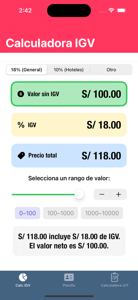 Calculadora IGV Sunat - Interfaz de la aplicación Calculadora IGV Sunat que muestra el cálculo del impuesto del dieciocho por ciento en Perú