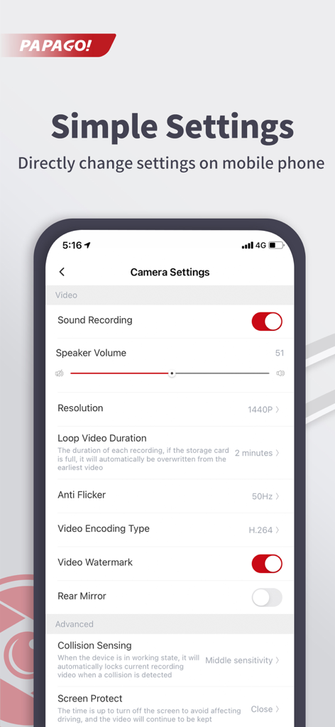 PAPAGO Focus - Pantalla de smartphone que muestra el menú de configuración de la cámara del tablero de la aplicación PAPAGO Focus con opciones para la resolución de grabación de sonido y la detección de colisiones.