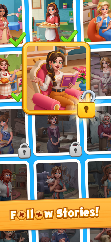 Happy Screw: Screw Out Puzzle - Uma tela do jogo de quebra-cabeça Happy Screw mostrando vários capítulos da história e retratos de personagens para desbloquear.