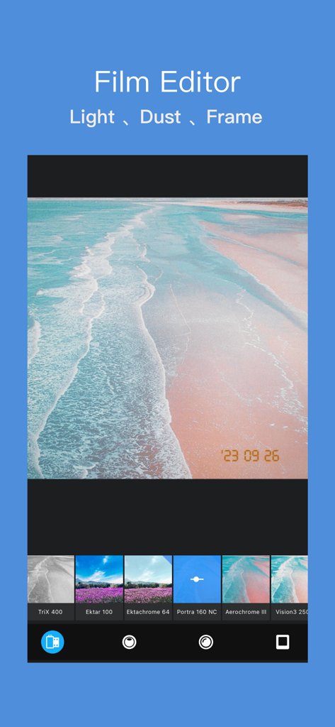 RCam Pro - Manual Camera & RAW - RCam Pro app film editor screen showing vintage film stock filters and a beach photo with a date stamp.