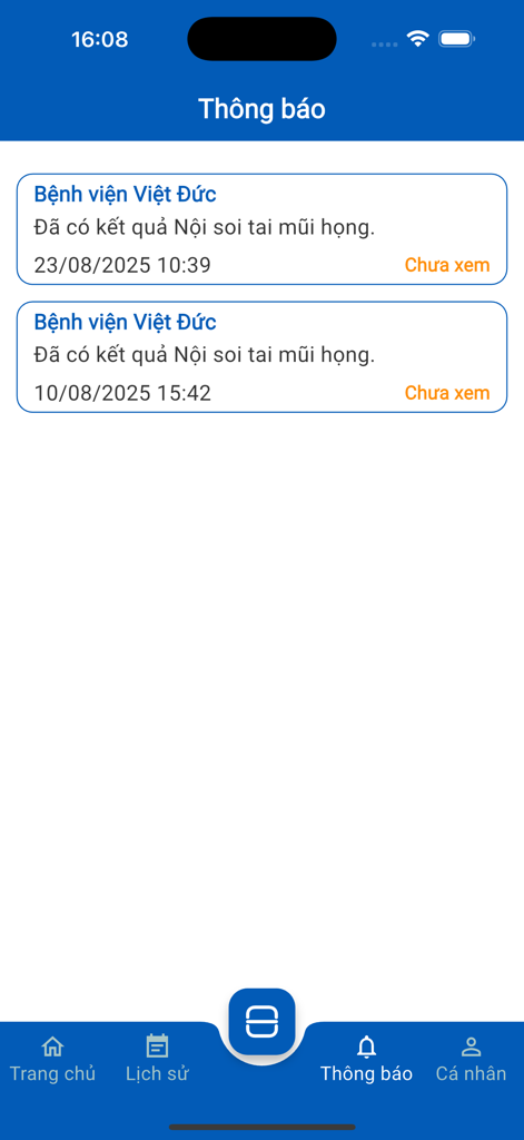 Y Khoa Việt Đức - Mobile app notification screen showing medical test results from Viet Duc Hospital