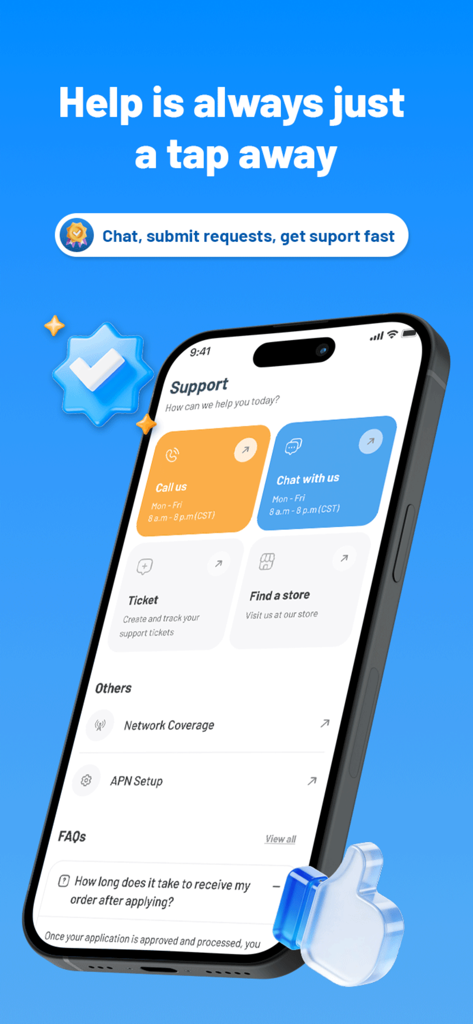 AirTalk Wireless - Écran d'assistance de l'application AirTalk Wireless montrant les options de chat, d'appel et de ticket.