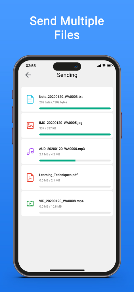 Una pantalla de smartphone que muestra la aplicación Share enviando múltiples archivos como imágenes, vídeos y documentos con barras de progreso.