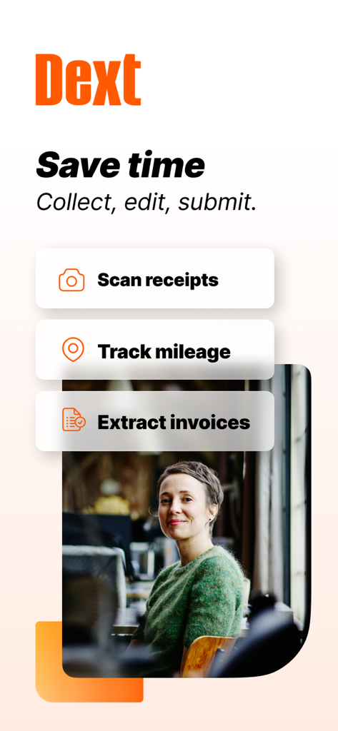 Dext app interface showcasing scan receipts track mileage and extract invoices features for business productivity