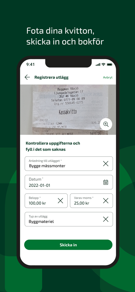 Fortnox mobile app interface showing a scanned receipt and expense registration form.