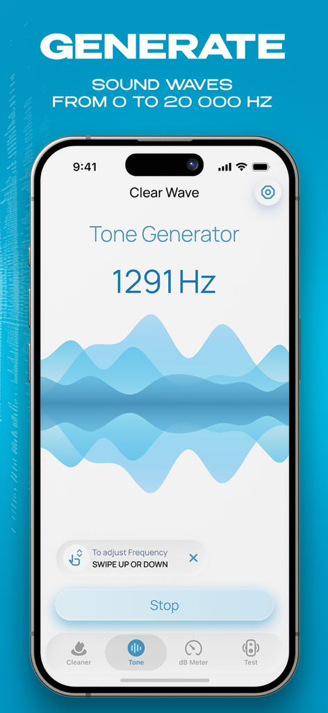 Clear Wave app interface displaying the tone generator feature with a 1291 Hertz frequency wave