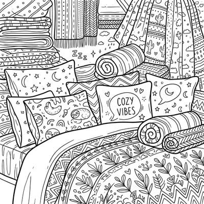 Dive into a world of comfort with this intricately designed coloring page featuring a cozy collection of bedding and linens. Perfect for teens, it's packed with trendy patterns and delightful details that invite creative expression.