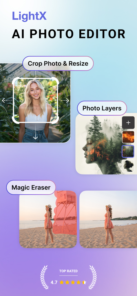 Interface de l'application LightX AI Photo Editor montrant les outils de recadrage, de calques photo et d'effaceur magique