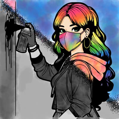 realistic girl with mask spray painting a wall