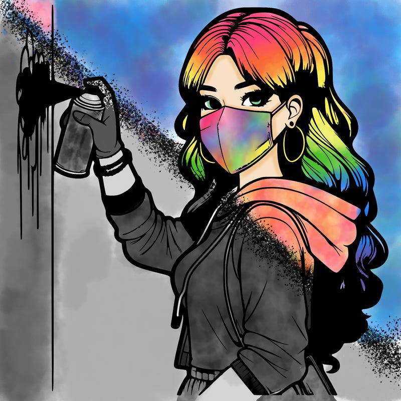 realistic girl with mask spray painting a wall