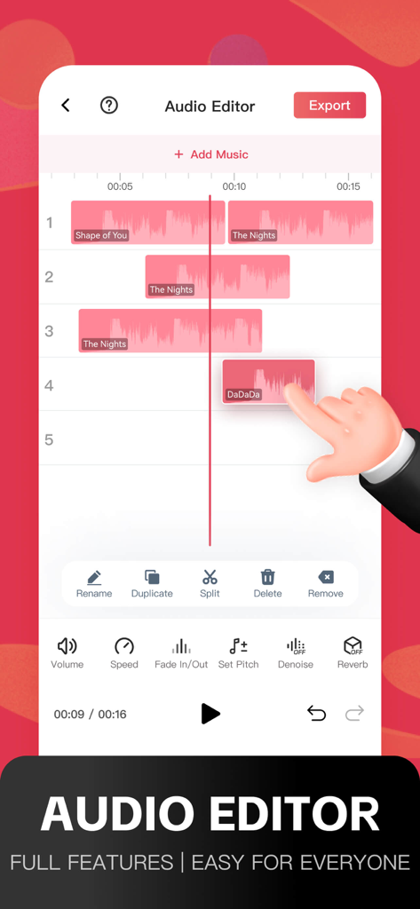 Audio Editor: MP3 Converter - Uma interface de edição de áudio multipista mostrando formas de onda e ferramentas como divisão, volume e ajuste de tom no aplicativo Editor de Áudio.