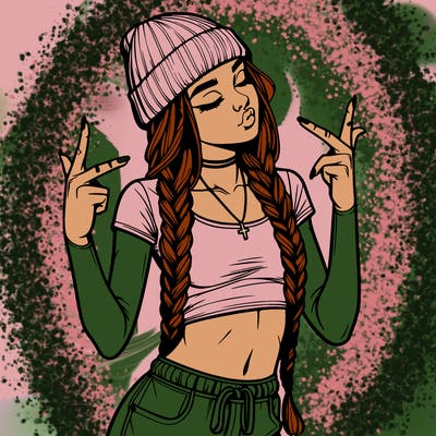 realistic teenage girl with braids and a beanie and crop top doing 🫶🏼