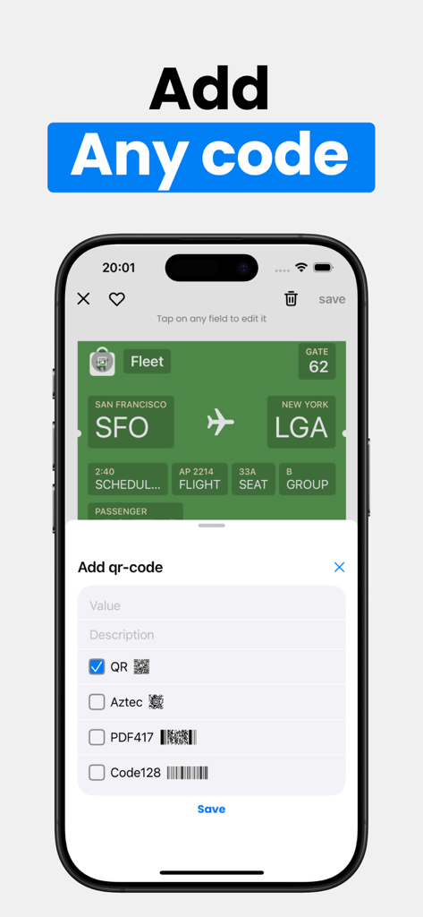 Interface showing options to add various barcode types like QR and PDF417 to a digital boarding pass