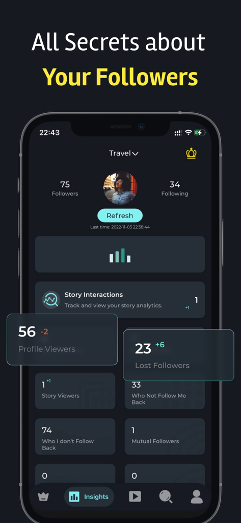 Dashboard dell'app mobile che visualizza le analisi dei follower di Instagram, inclusi gli spettatori del profilo e i follower persi