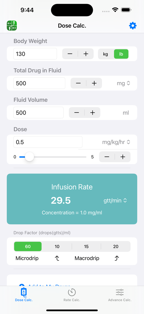 Interfaz de la aplicación móvil Calculadora Súper Infusión que muestra un cálculo de dosis basado en peso y el resultado de la tasa de infusión